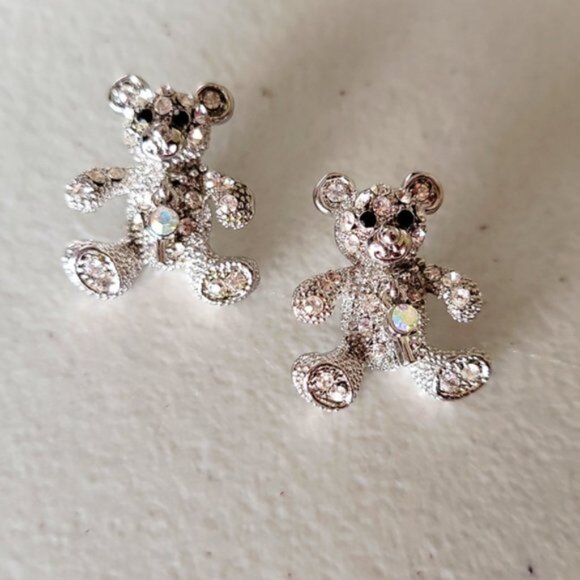 Teddy Bear Post Earrings Silver Tone Rhinestones Movable Key New OS - Picture 4 of 10